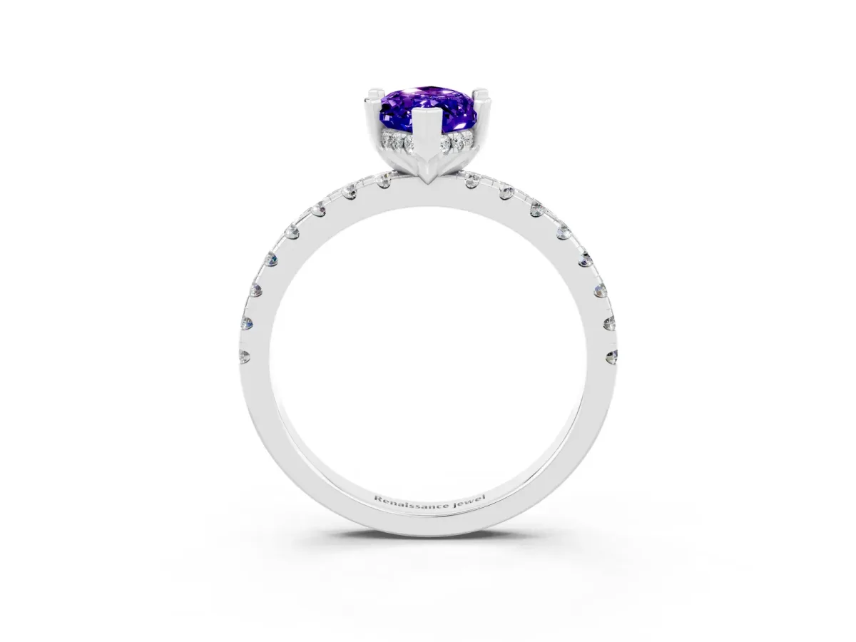 Marquise Cut Tanzanite Solitaire Ring with Round Pavé Band and Four-Prong Setting Silver