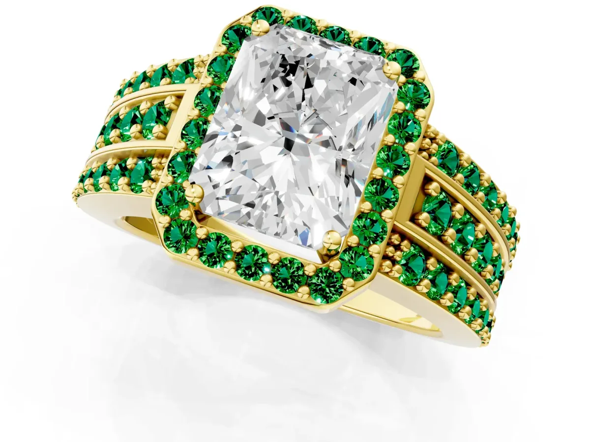 Radiant Cut Halo Diamond Ring with Round Emerald Split Shank and Prong Setting Yellow gold