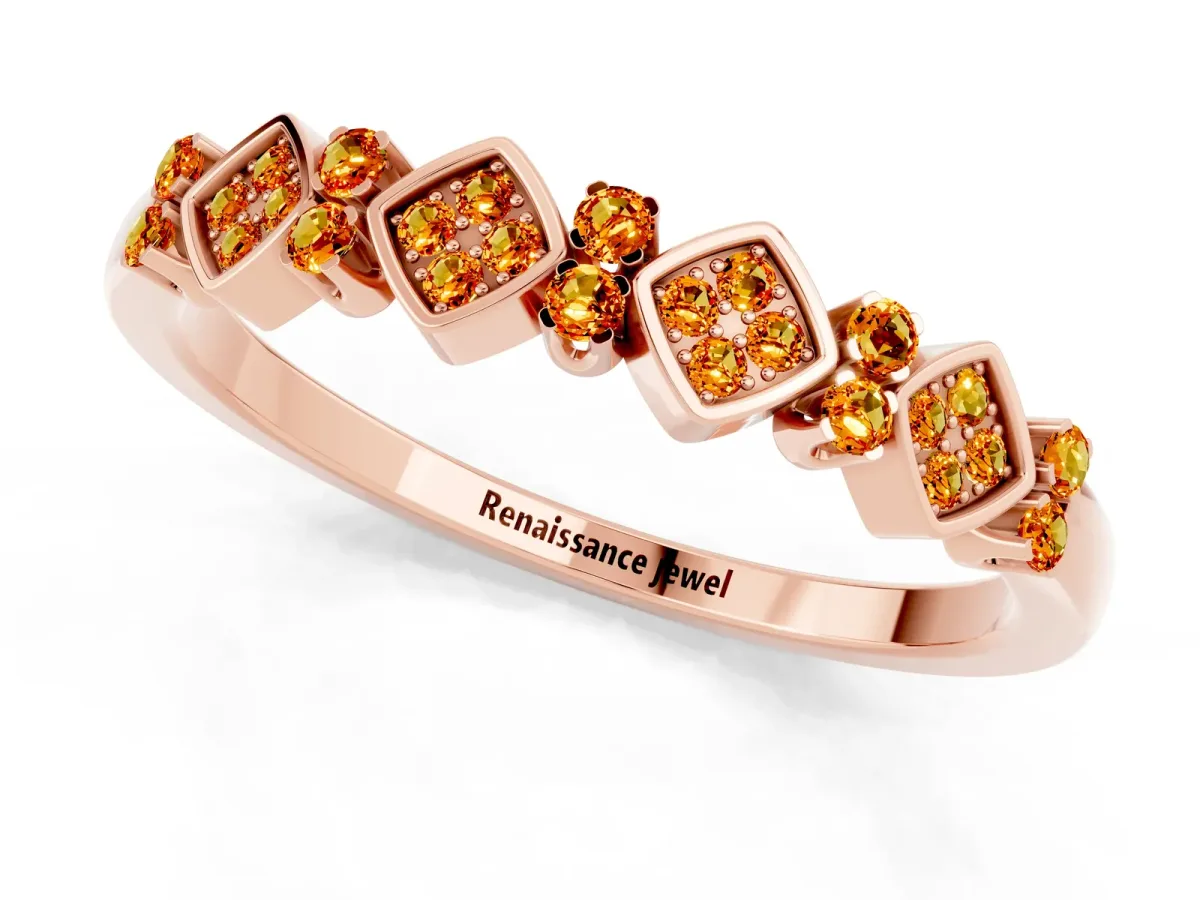 Pavé Cushion Citrine Cluster Eternity Band with Prong Setting Rose gold