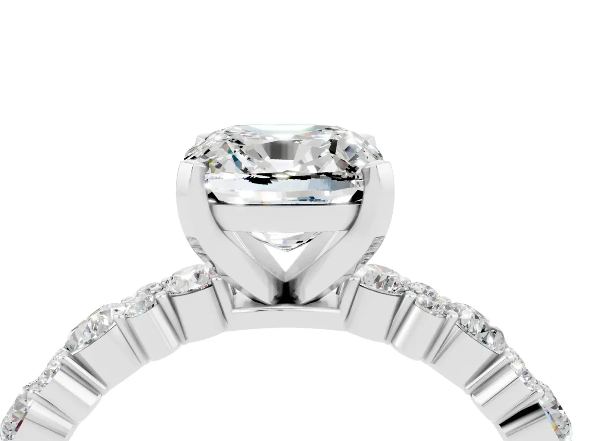 Cushion Cut Moissanite Side Stone Solitaire Ring with Round and Four-Prong Setting Platinum