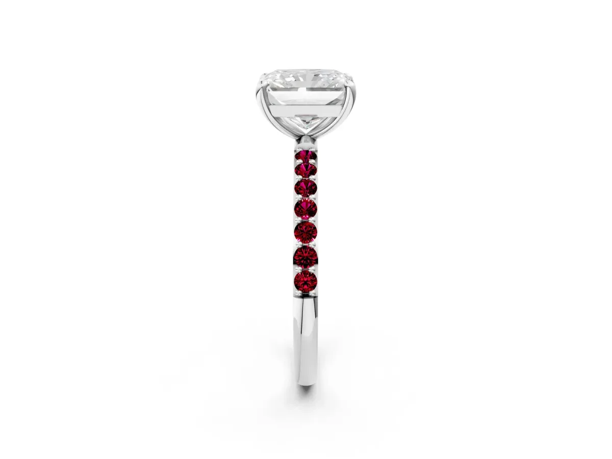 Radiant Cut Diamond Solitaire Ring with Round Garnet Pavé Band and Prong Setting Silver