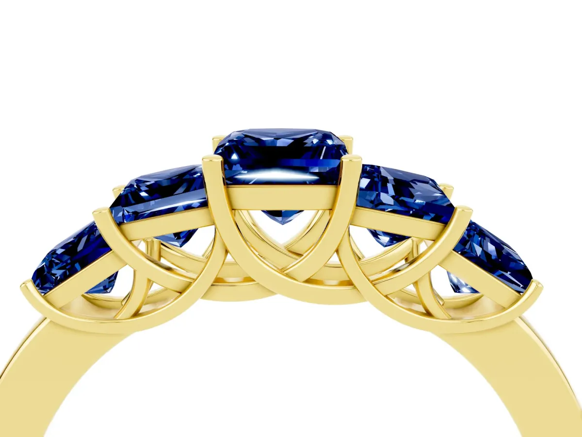 Princess Cut Five-Stone Blue Sapphire Ring with Classic Prong Setting Yellow gold