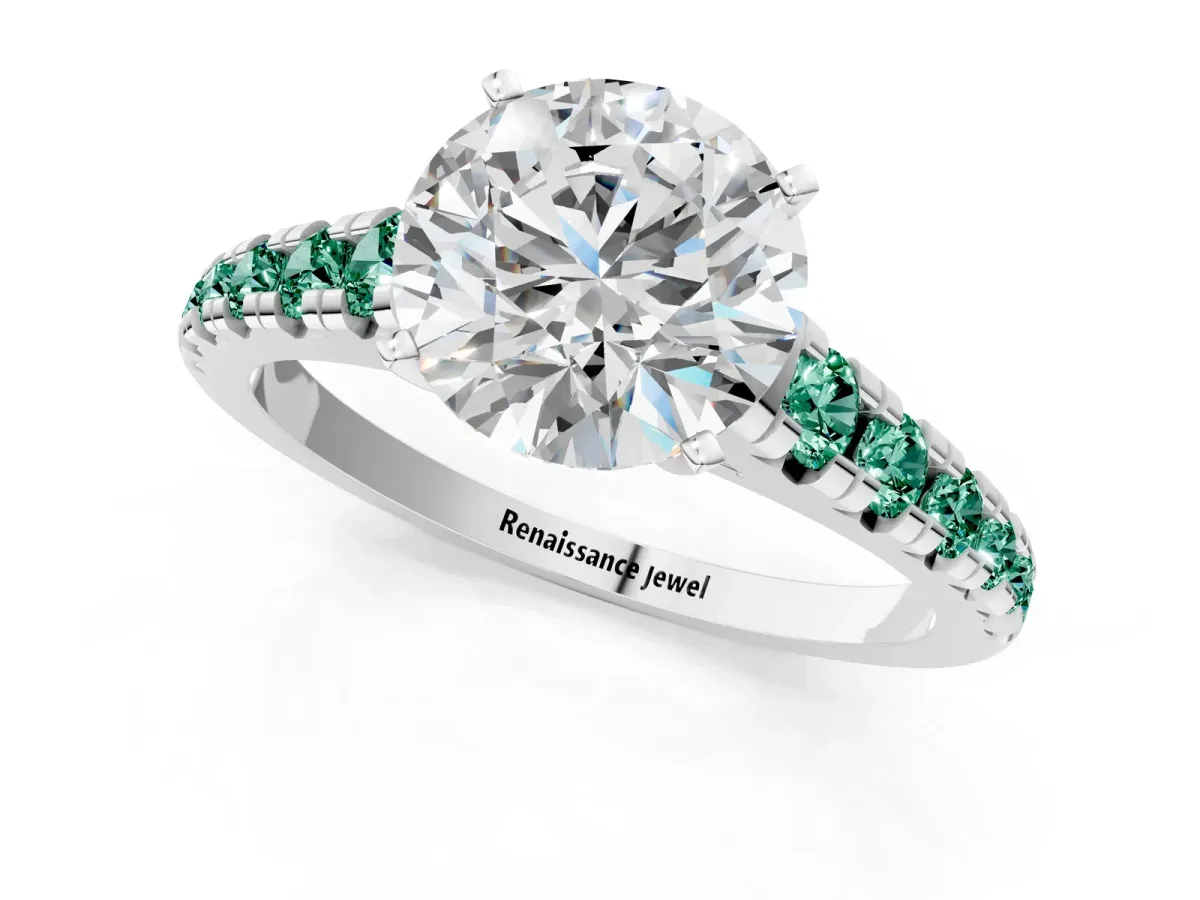 Round Cut Diamond Cathedral Solitaire Ring with Round Green Sapphire Pavé Band Silver