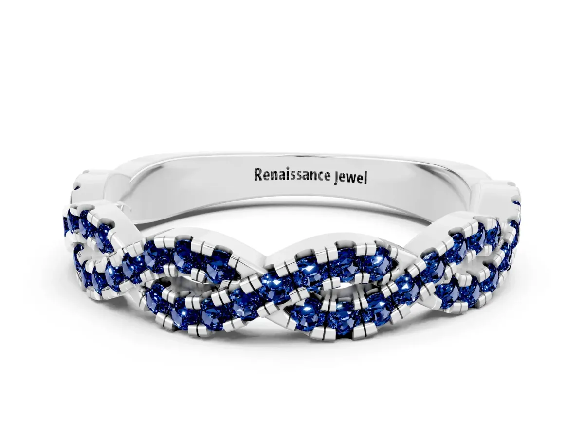 Round Blue Sapphire Twisted Eternity Band with Pavé and Shared Prong Setting Silver
