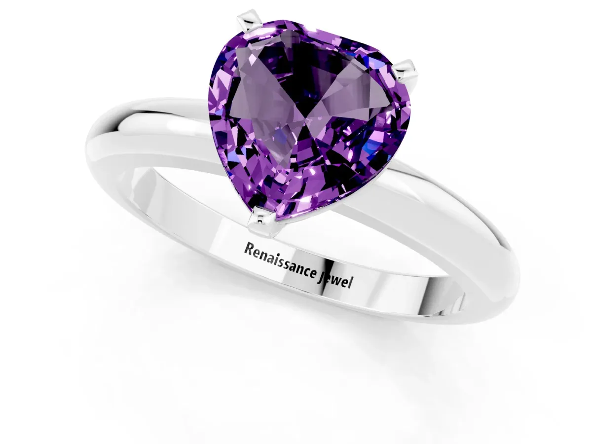Heart Cut Amethyst Solitaire Engagement Ring with Round Band and Four-Prong Setting Silver