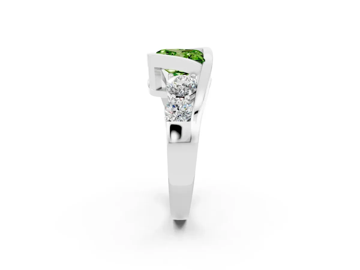 Bezel Set Princess Cut Peridot Bypass Ring with Round Accents Silver