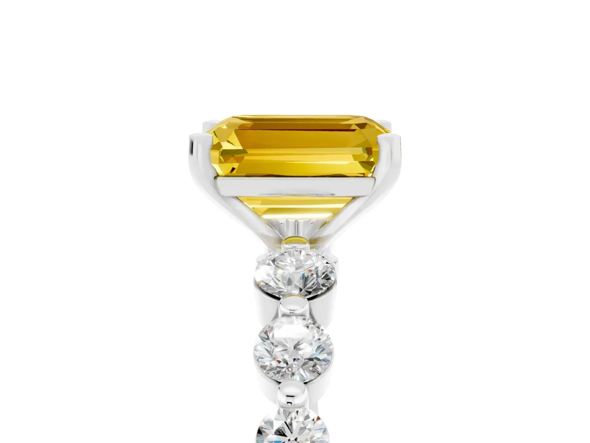 Emerald Cut Solitaire Yellow Sapphire Ring with Pave Band and Four-Prong Setting Silver