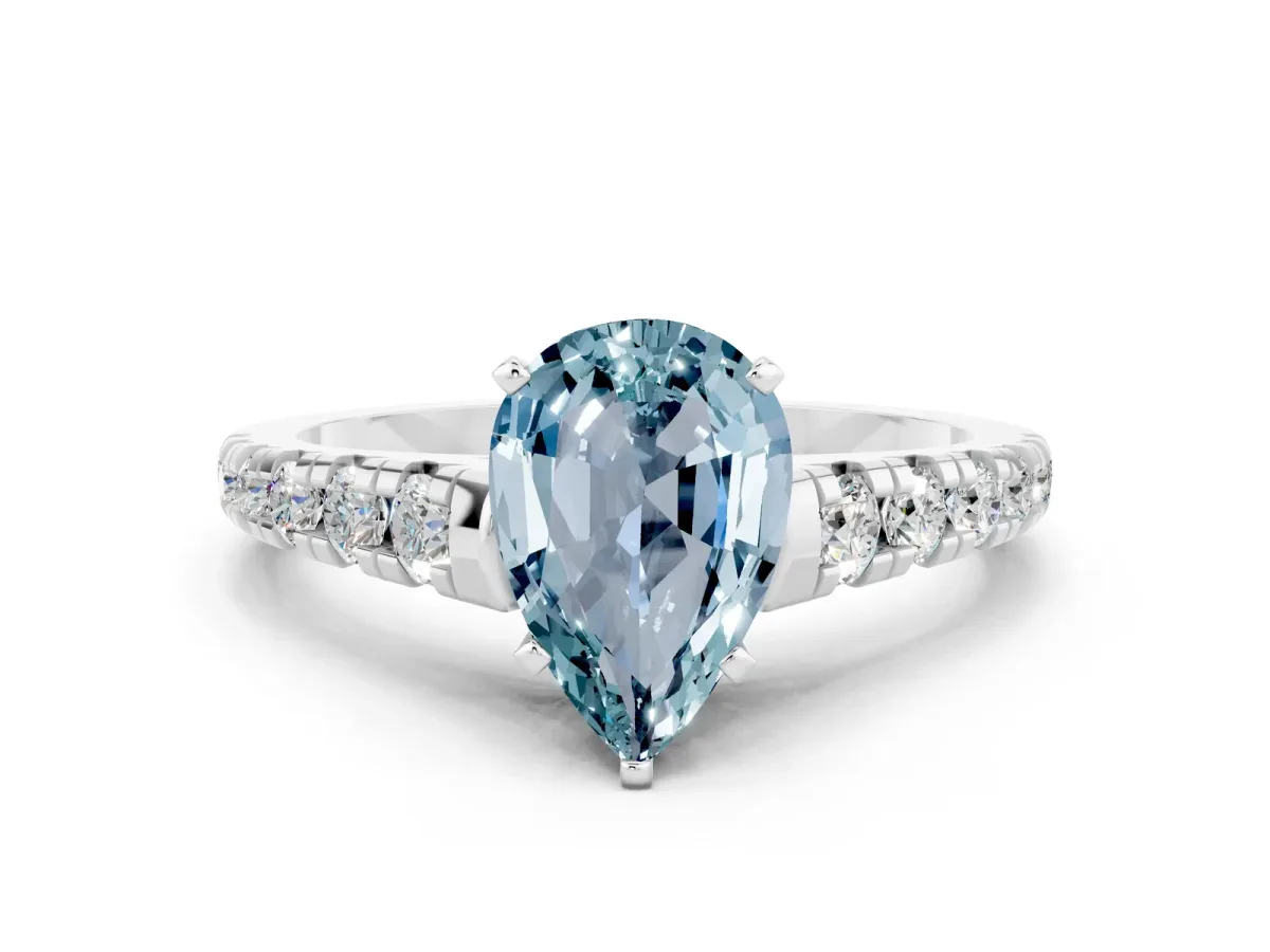 Pear Cut Aquamarine Cathedral Solitaire Ring with Round Pavé Band Silver