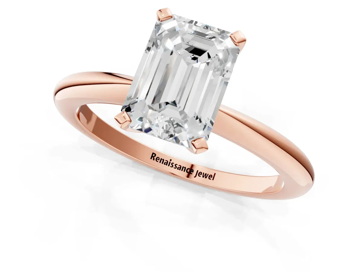 Emerald Cut Diamond Solitaire Ring with Six-Prong Setting and Classic Band Rose gold