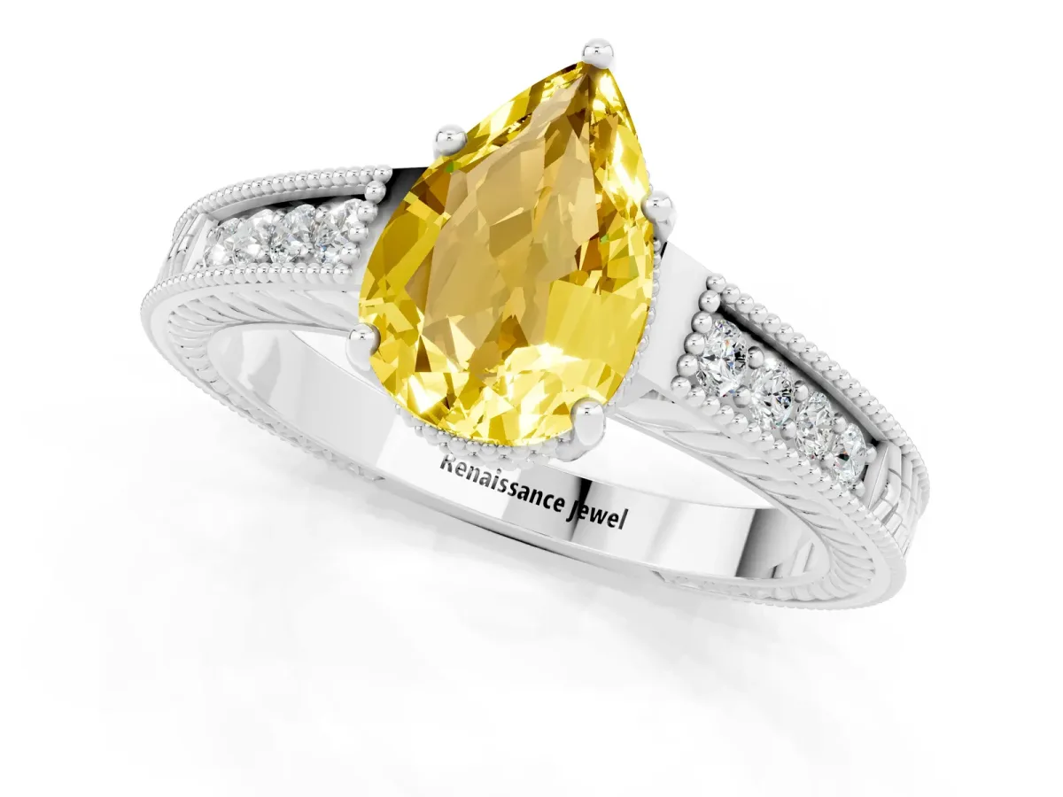 Pear Cut Yellow Sapphire Ring with Milgrain Pavé Band and Four-Prong Setting Platinum