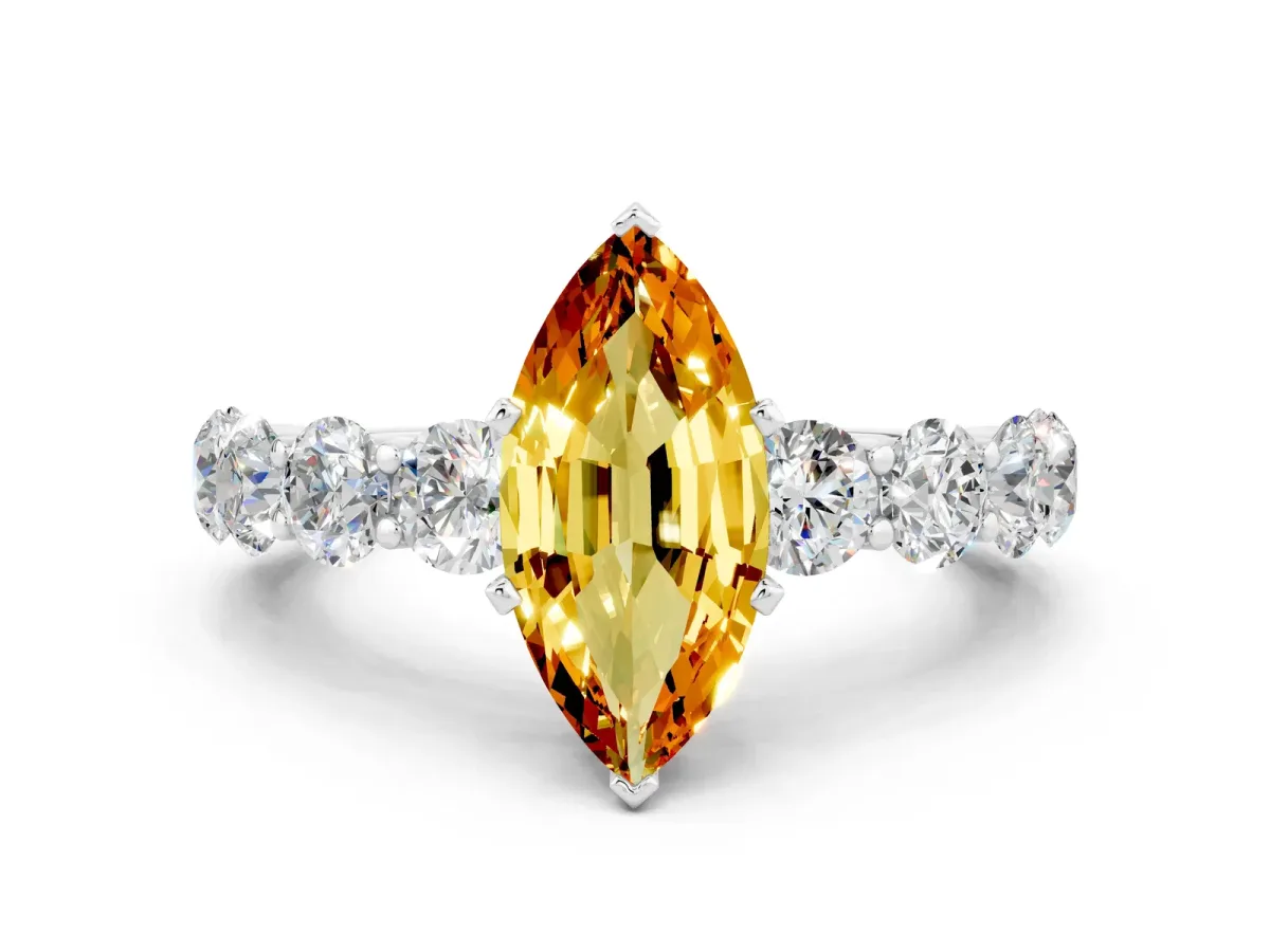 Marquise Cut Citrine Prong Setting with Side Stones on a Pave Band Silver
