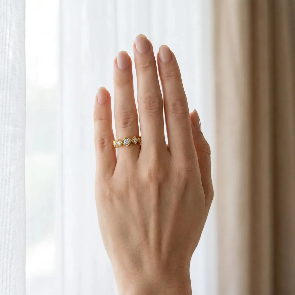 Milgrain Square Bezel Round Diamond Chevron Band Yellow gold