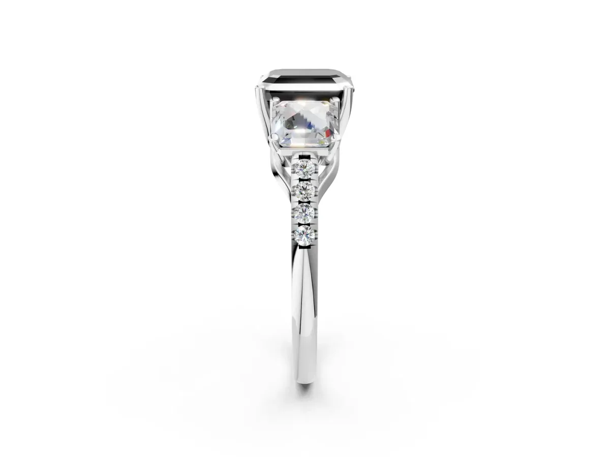 Fancy Black Three-Stone Asscher Cut Diamond Ring with Round Pavé Band and Prong Setting Silver