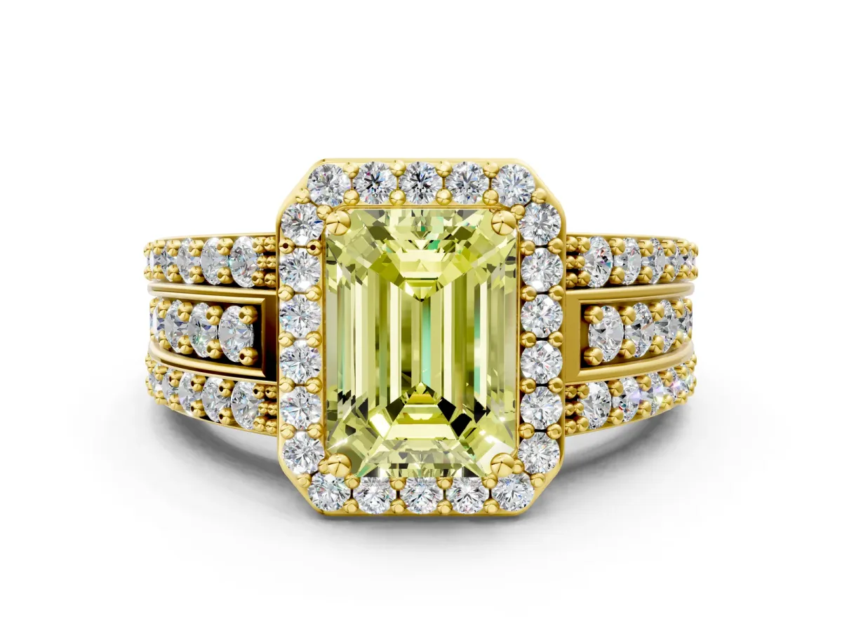 Fancy Yellow Emerald Cut Halo Diamond Ring with Round Split Shank and Prong Setting Yellow gold