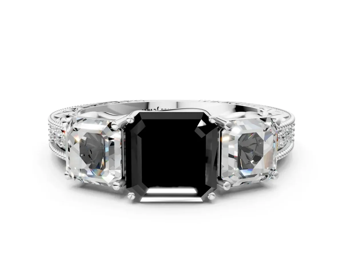 Fancy Black Three-Stone Asscher Cut Cut Milgrain Pavé Engagement Ring Platinum
