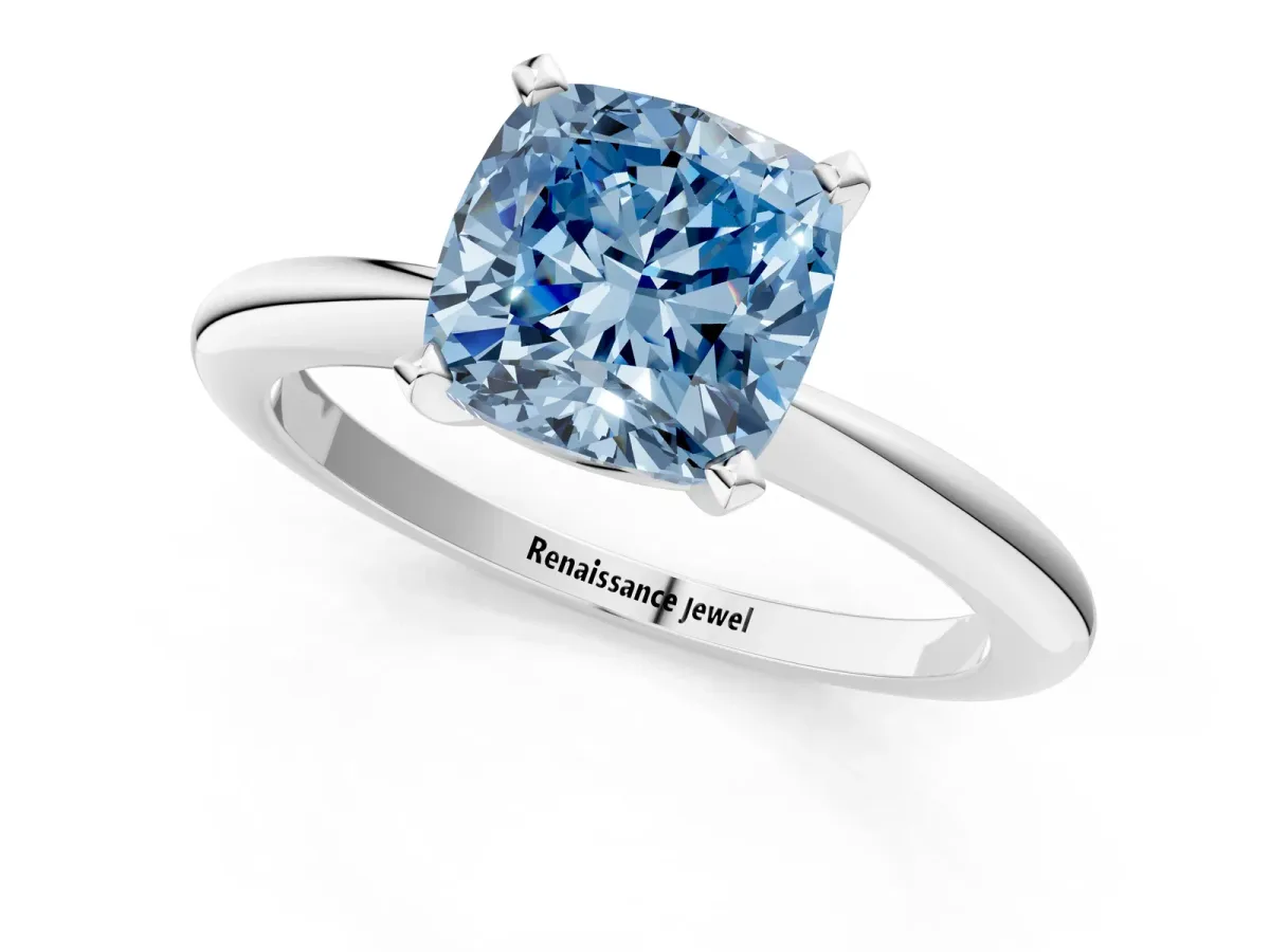 Fancy Blue Cushion Cut Diamond Solitaire Ring with Six-Prong Setting and Classic Band Silver