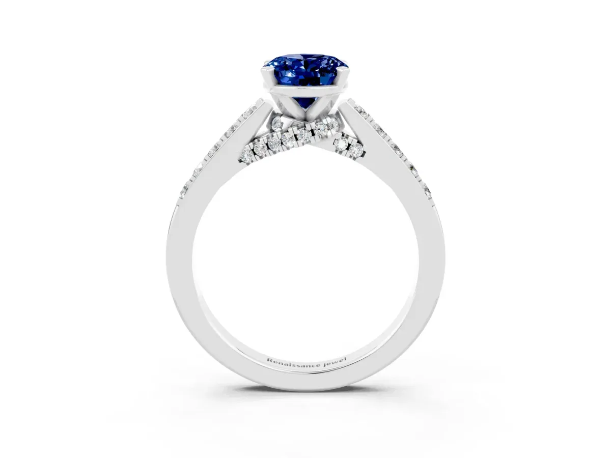 Oval Cut Blue Sapphire Solitaire Ring with Crossover Gallery and Round Pavé Band Silver