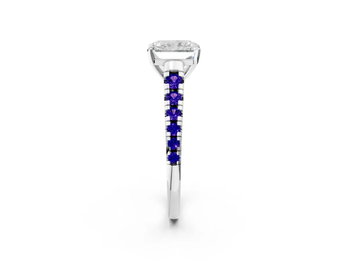 Radiant Cut Diamond Cathedral Solitaire Ring with Round Tanzanite Pavé Band Silver