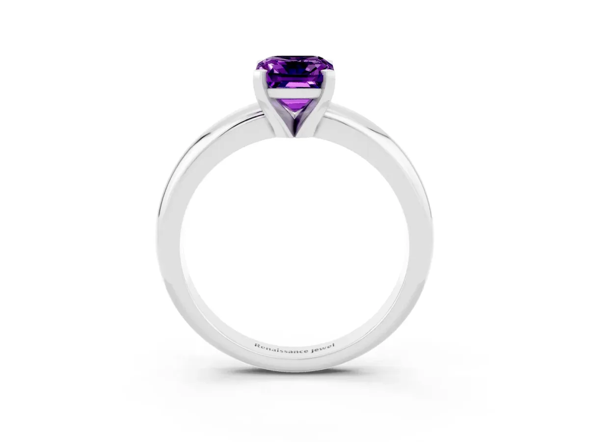 Emerald Cut Amethyst Solitaire Engagement Ring with Round Band and Four-Prong Setting Silver