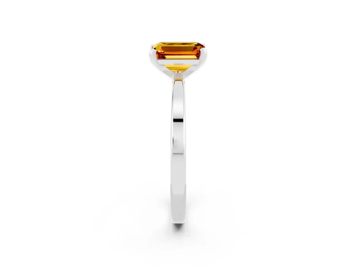 Emerald Cut Citrine Solitaire Engagement Ring with Classic Band and Four-Prong Setting Silver