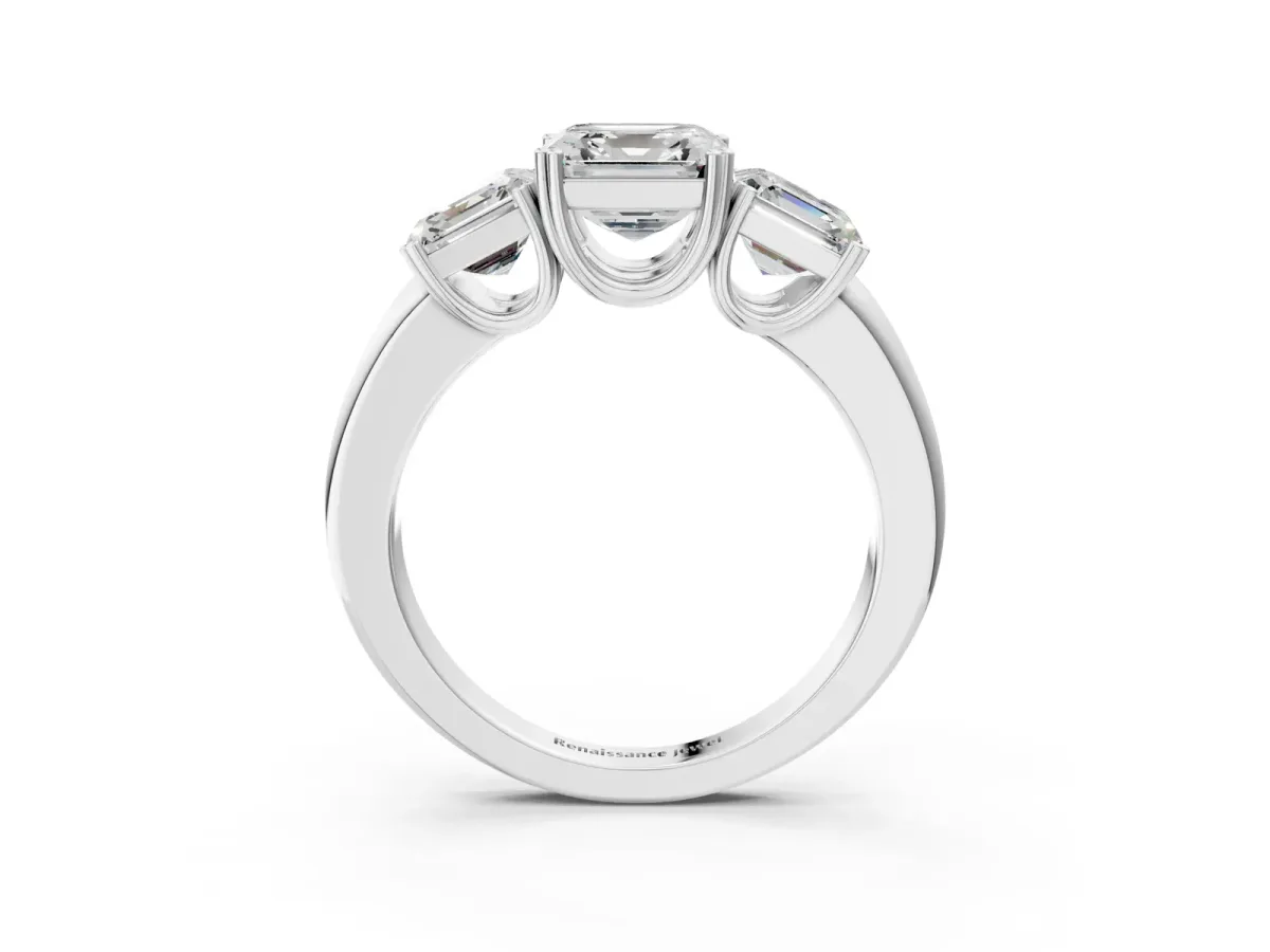 Three-Stone Asscher Cut Cut Diamond Ring with Channel Set Band and Four-Prong Setting White gold
