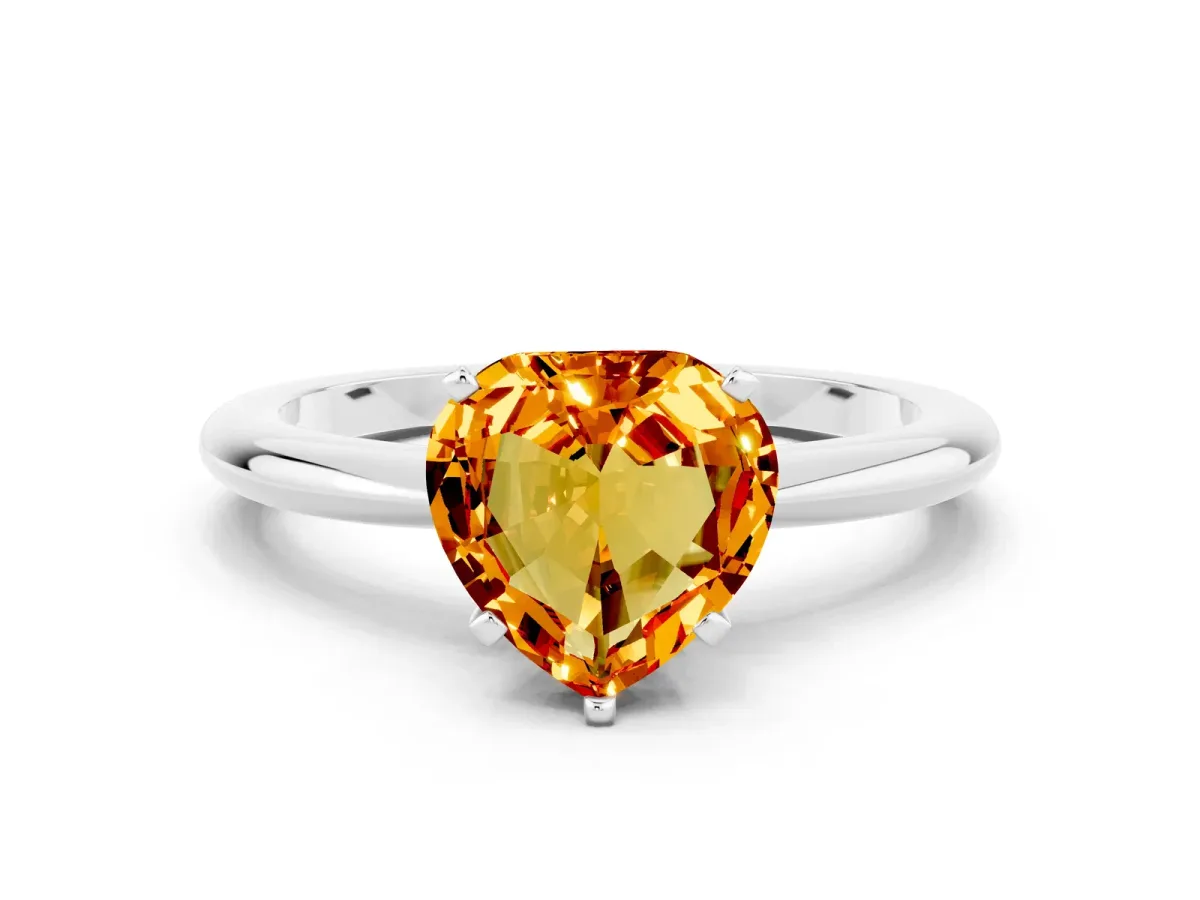 Heart Cut Citrine Solitaire Ring with Six-Prong Setting and Classic Band Silver