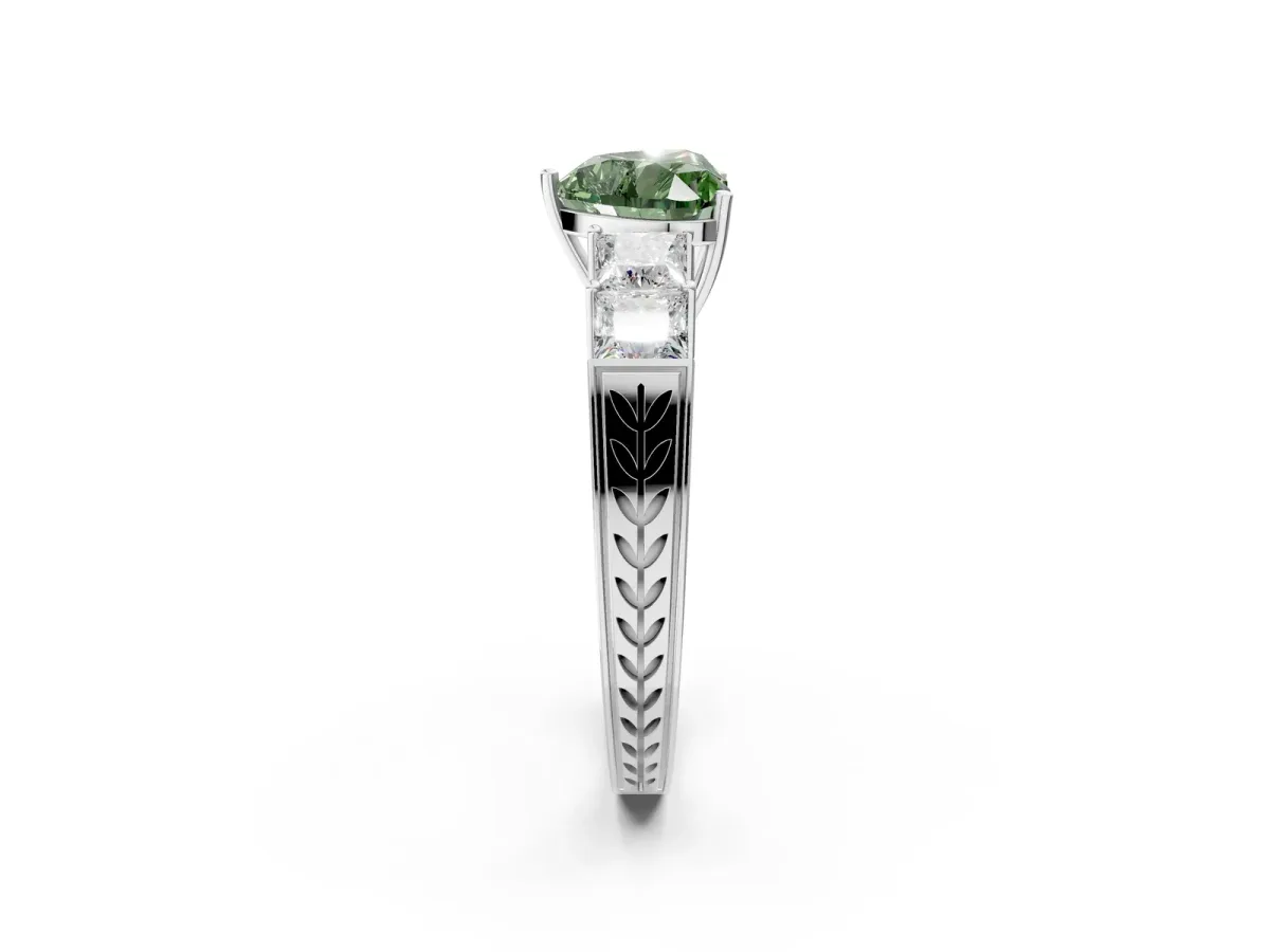 Fancy Green Heart Cut Solitaire Princess Side Stone Engraved Band Prong Setting Ring Platinum