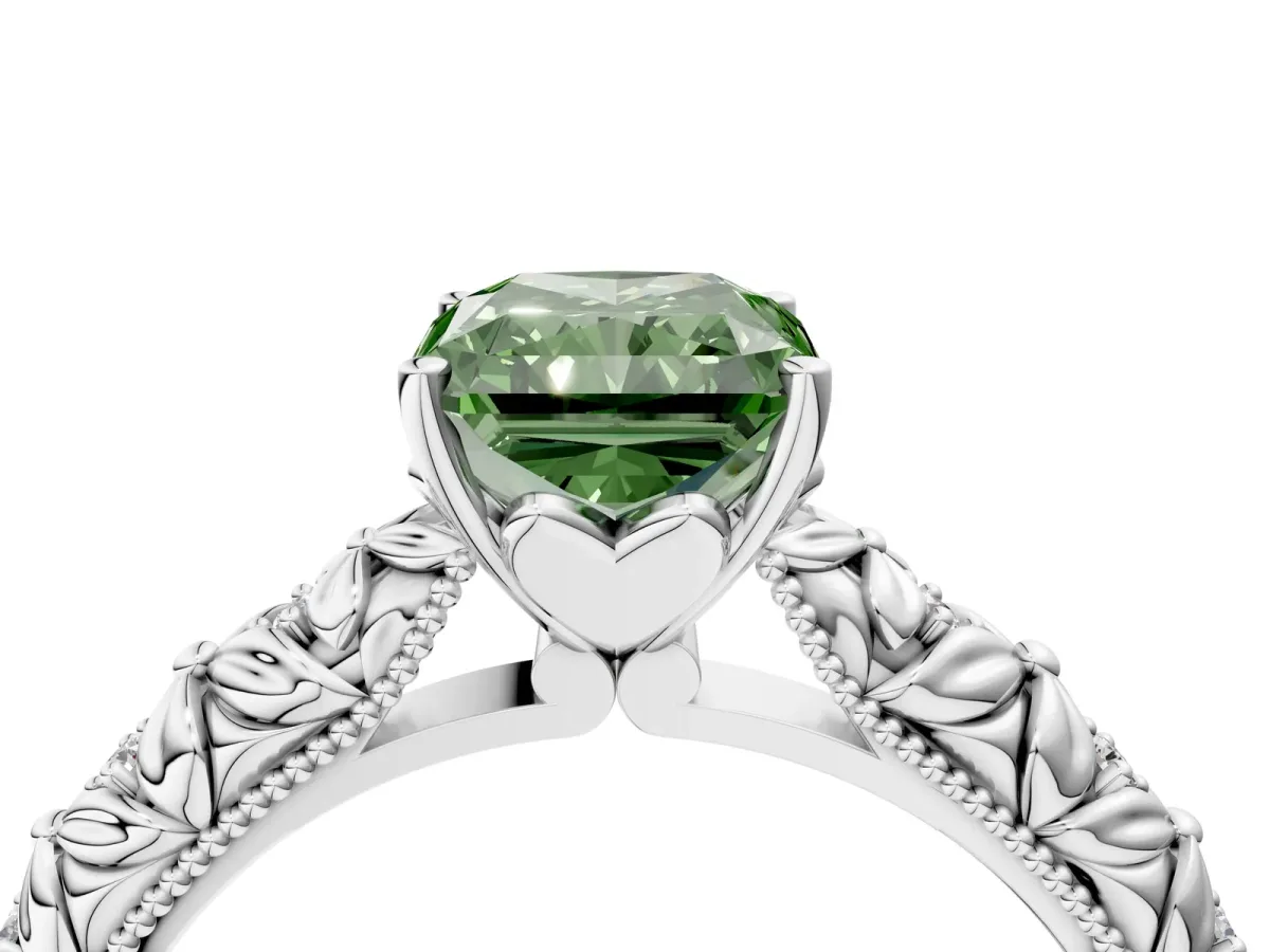 Fancy Green Radiant Cut Solitaire Floral Milgrain Engagement Ring Platinum