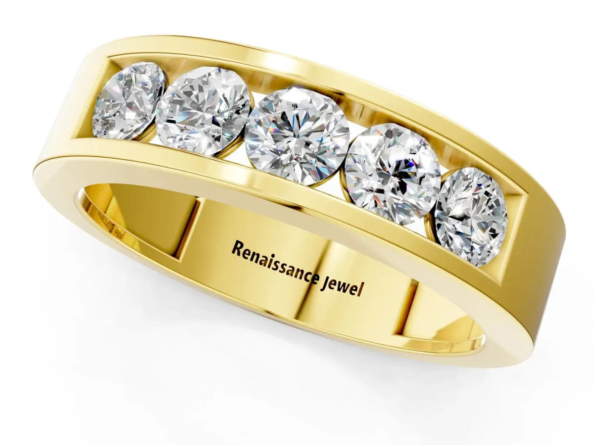 Round Diamond Linear Channel Mens Band Yellow gold
