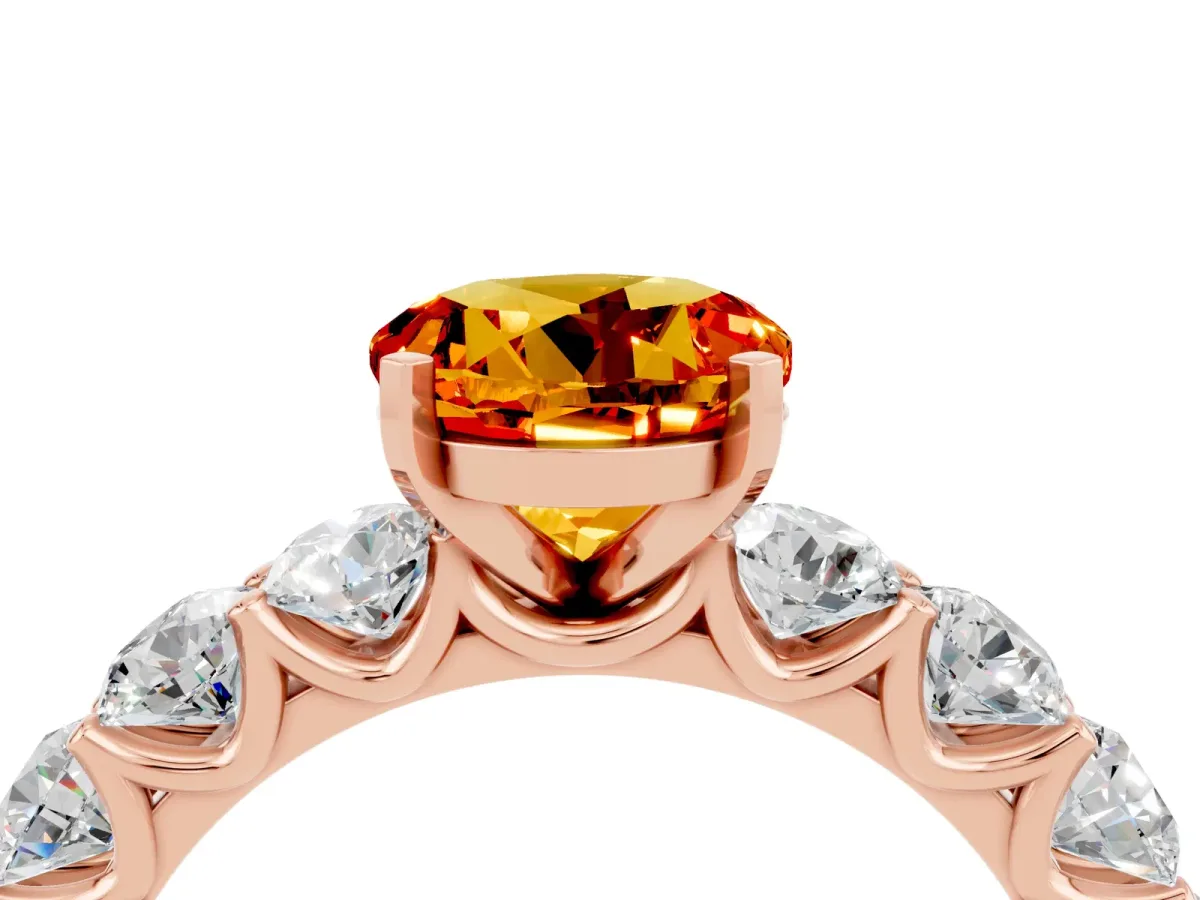 Round Cut Citrine Prong Setting with Side Stones on a Pave Band Rose gold
