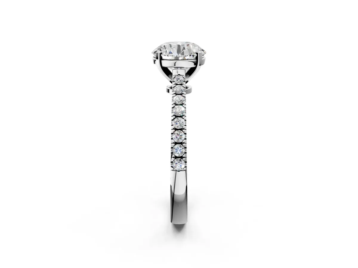 Round Cut Cut Solitaire Diamond Engagement Ring with Pave Band and Four-Prong Setting Silver