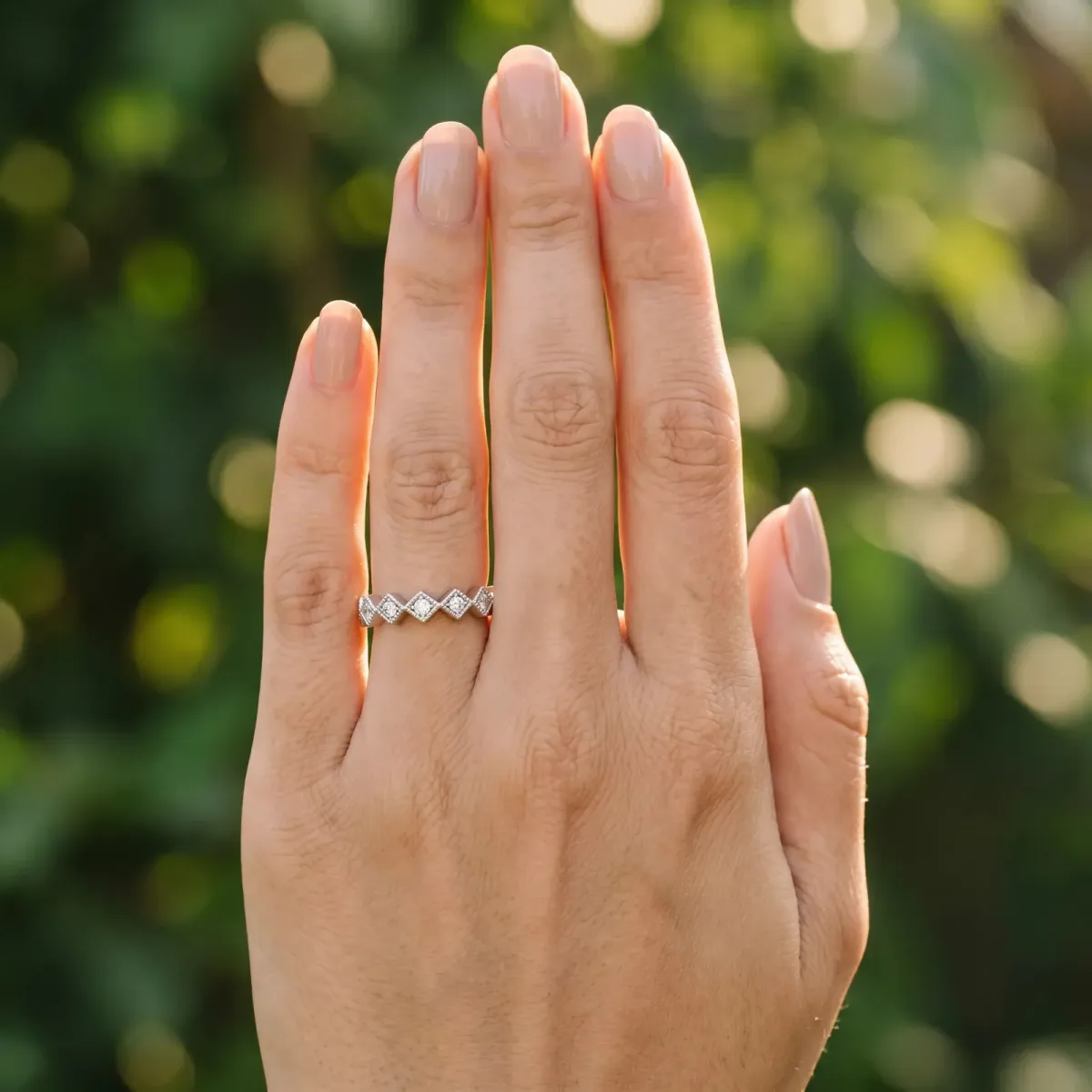 Milgrain Diamond Geometric Stackable Band with Round Cut Stones and Bezel Setting White gold