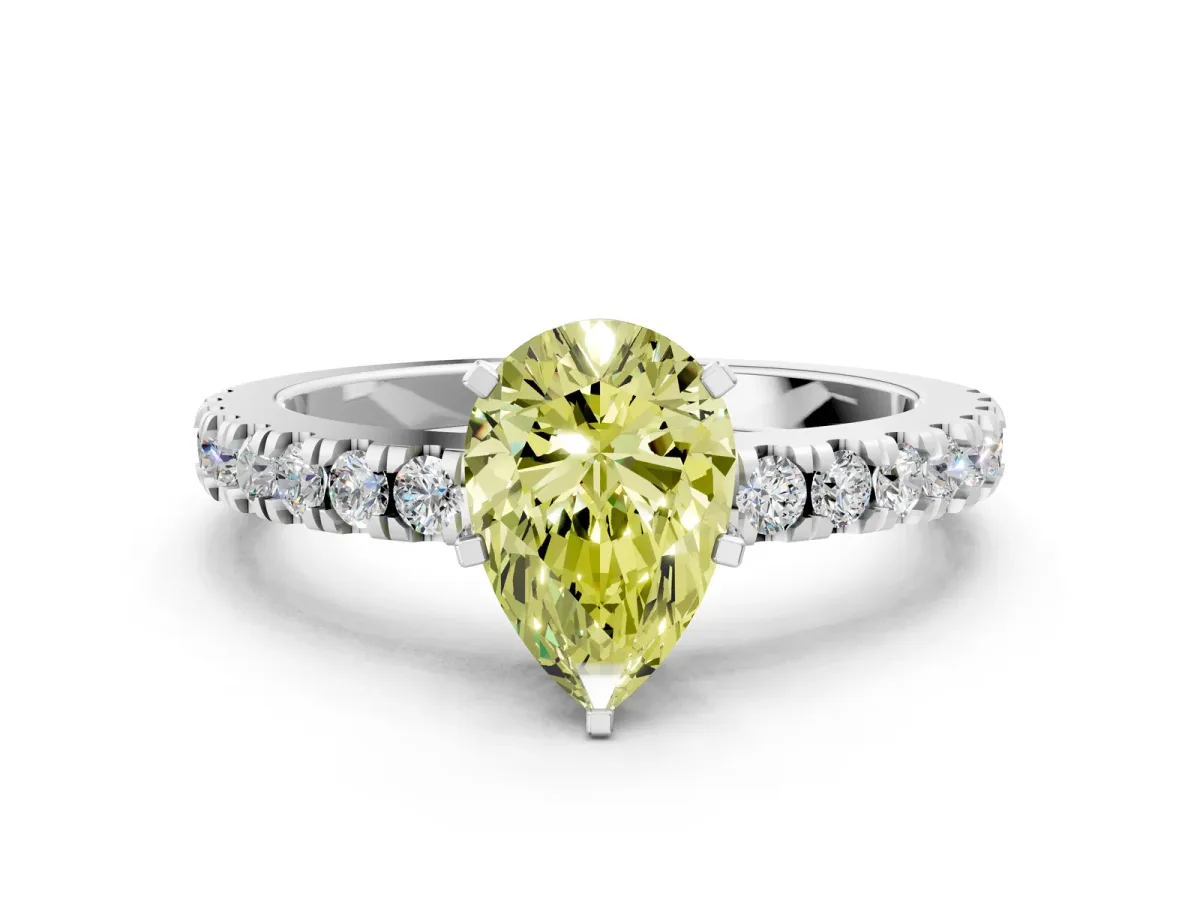 Fancy Yellow Pear Cut Solitaire Diamond with Pavé Band and Four-Prong Setting Silver