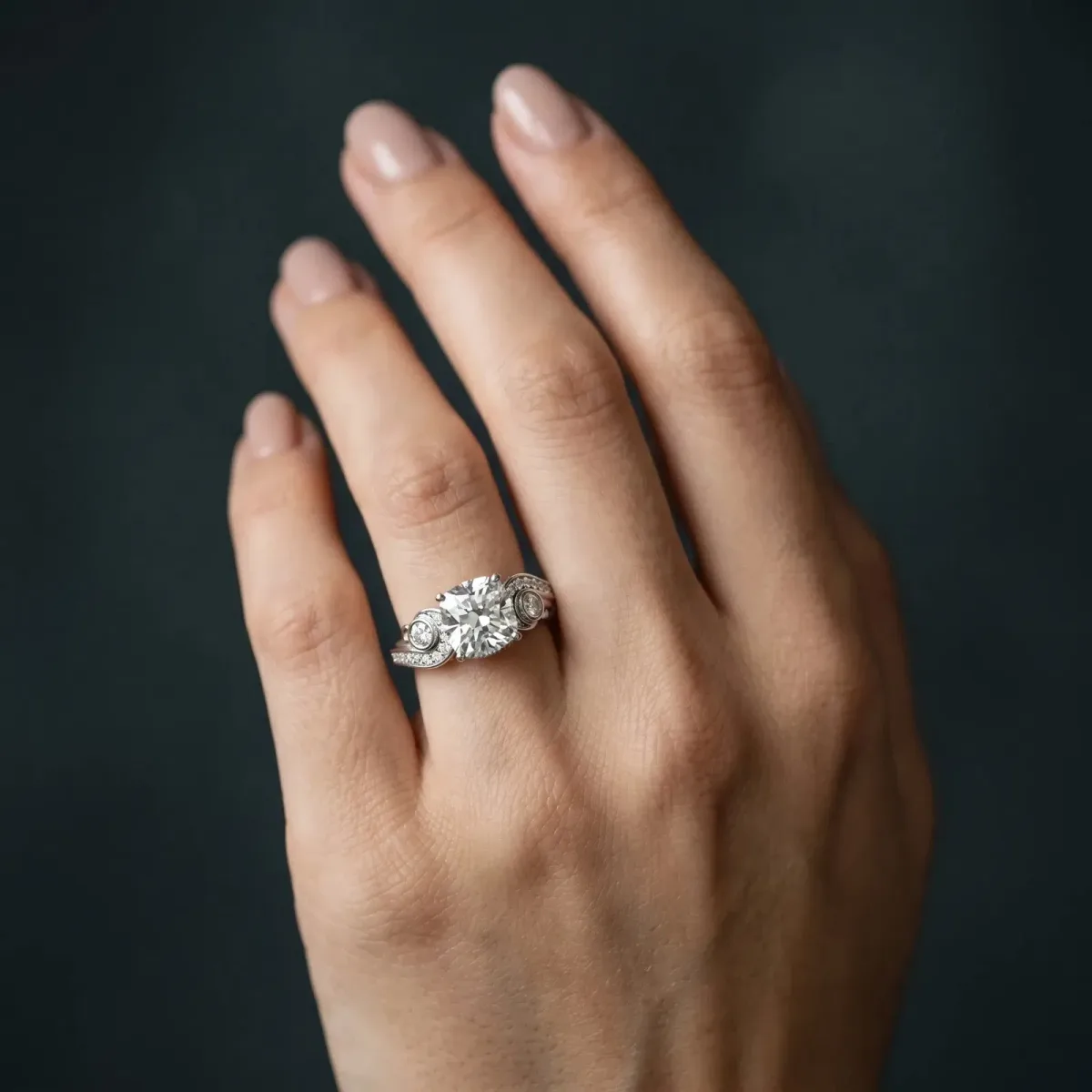 Cushion Cut Diamond Solitaire Ring with Milgrain Pavé Band and Four-Prong Setting Silver