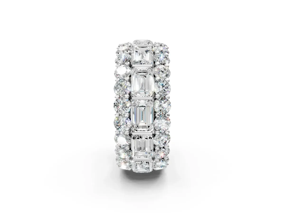 Emerald Cut and Round Diamond Three-Row Eternity Mens Band Platinum