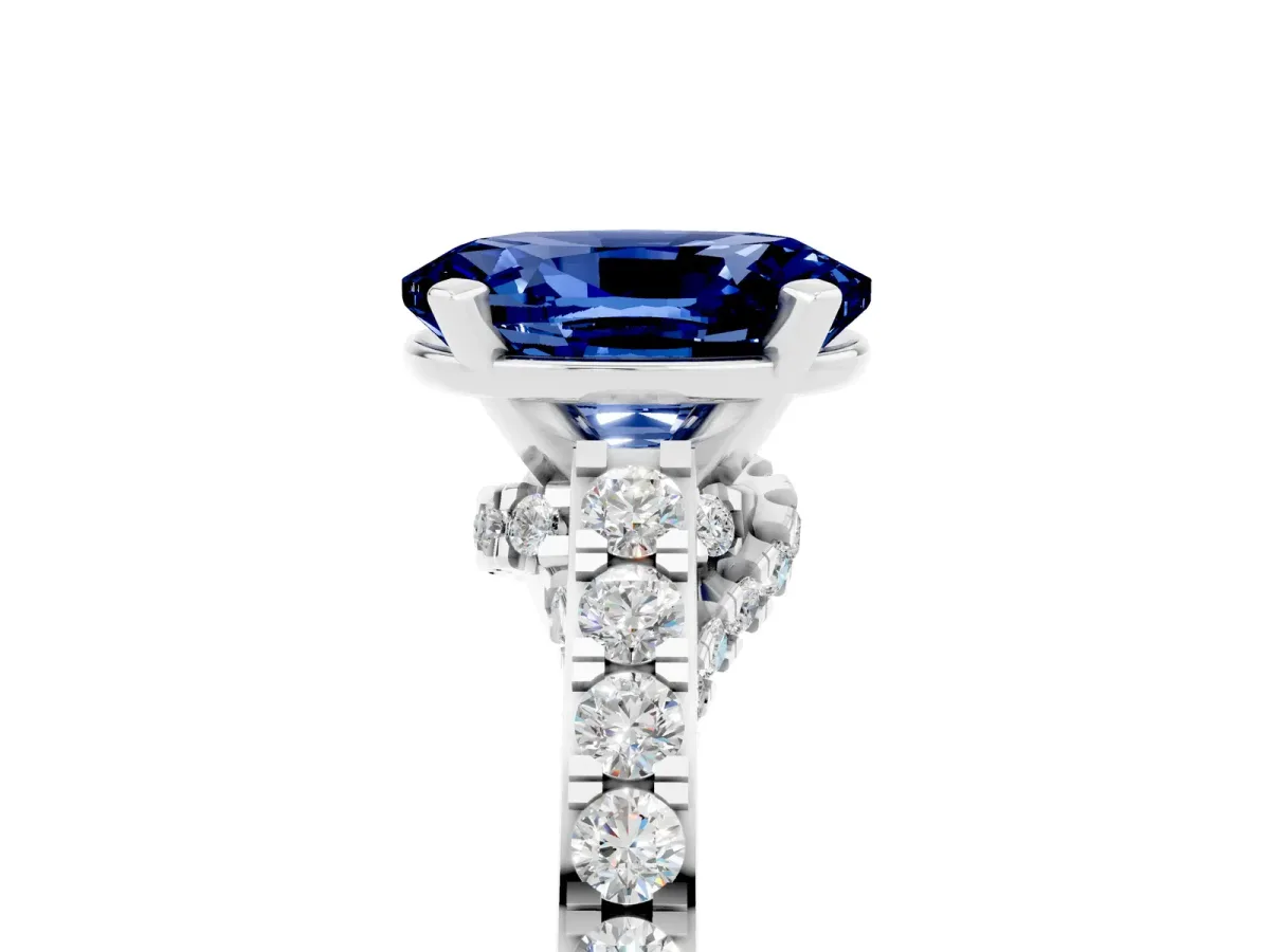 Oval Cut Blue Sapphire Solitaire Ring with Crossover Gallery and Round Pavé Band Silver