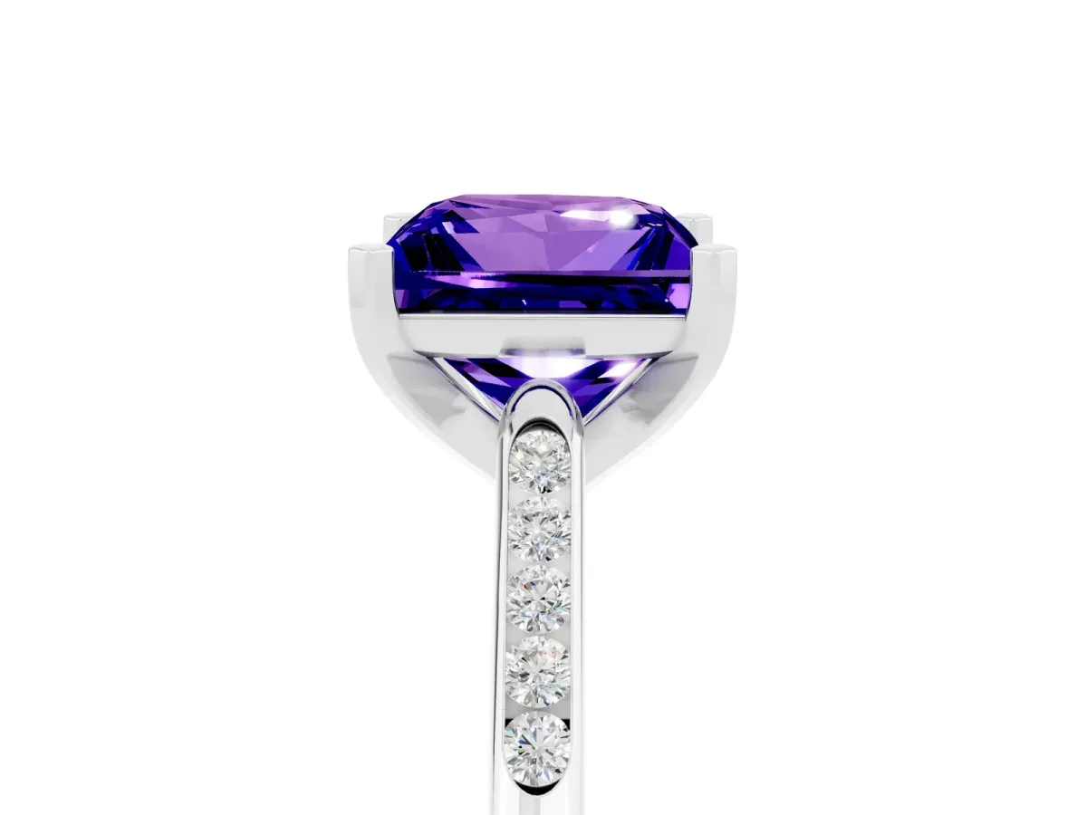 Princess Cut Tanzanite Solitaire Ring with Channel Set Round Band and Prong Setting Silver