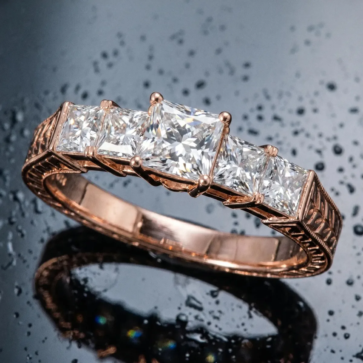 Pear Cut Solitaire Princess Side Stone Engraved Band Prong Setting Ring Rose gold