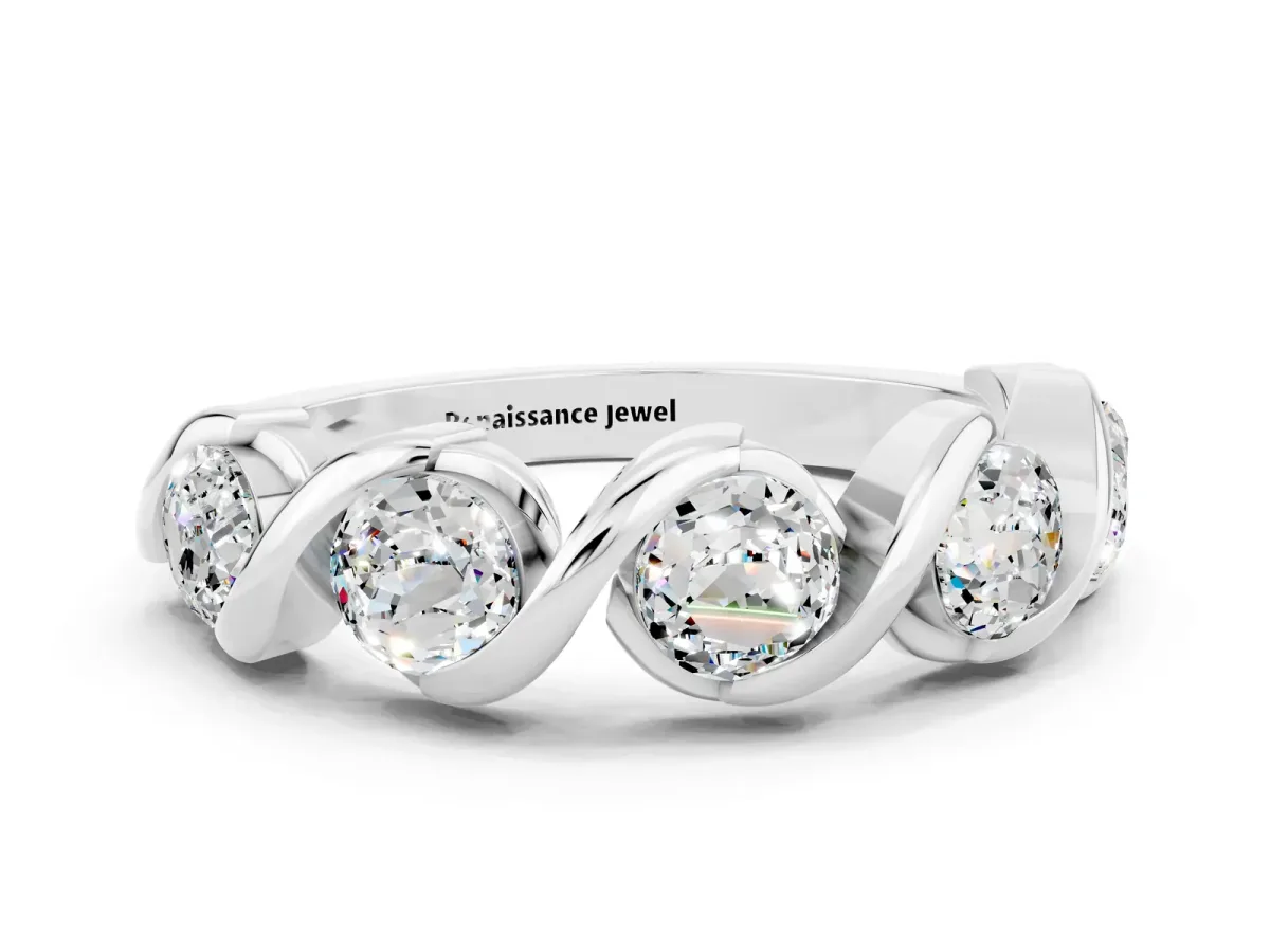 Round Moissanite Wave Band with Channel Setting and Shared Prongs White gold