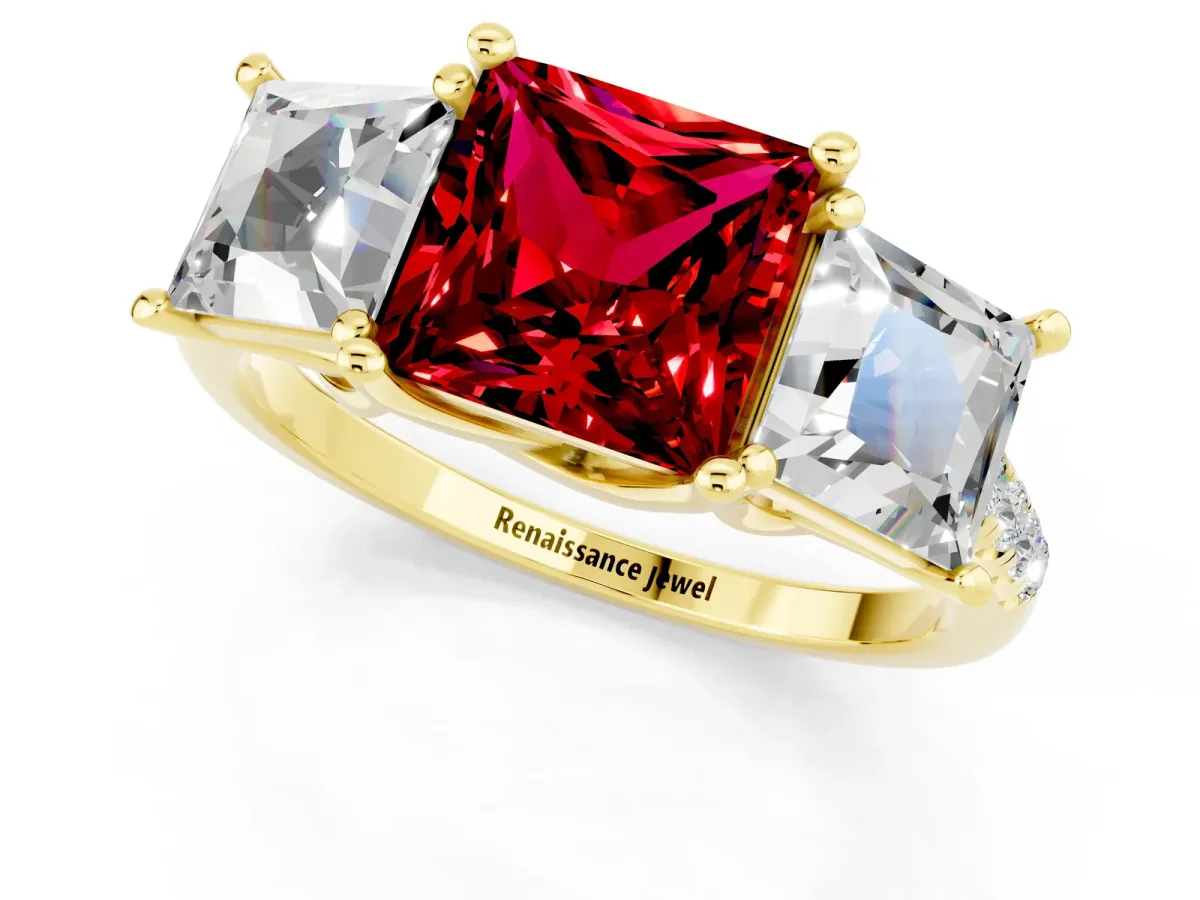 Three-Stone Princess Cut Ruby Ring with Round Pavé Band and Prong Setting Yellow gold
