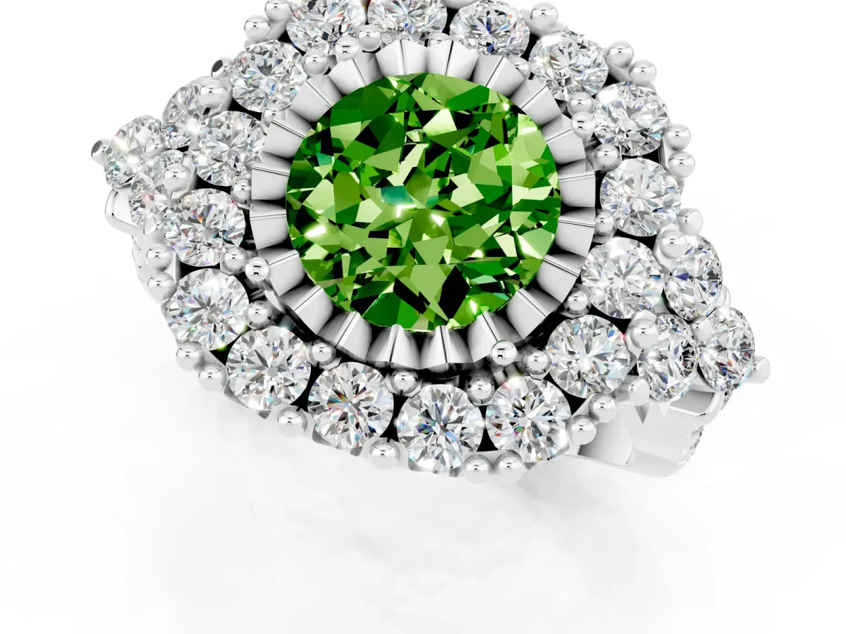 Round Cut Peridot Halo Ring with Pavé Band and Four-Prong Setting Silver