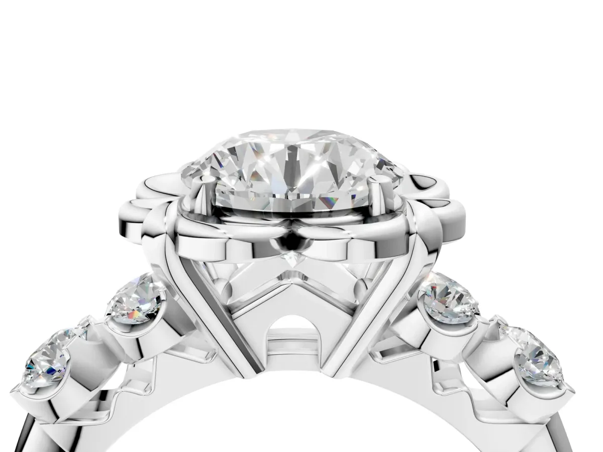 Round Cut Cut Diamond Floral Halo Engagement Ring with Shared Prong Setting Silver