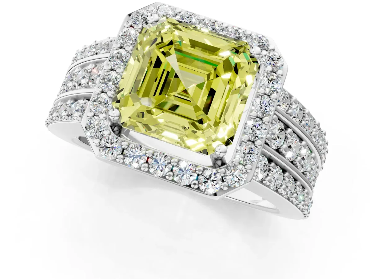 Fancy Yellow Asscher Cut Halo Diamond Ring with Round Split Shank and Prong Setting Silver