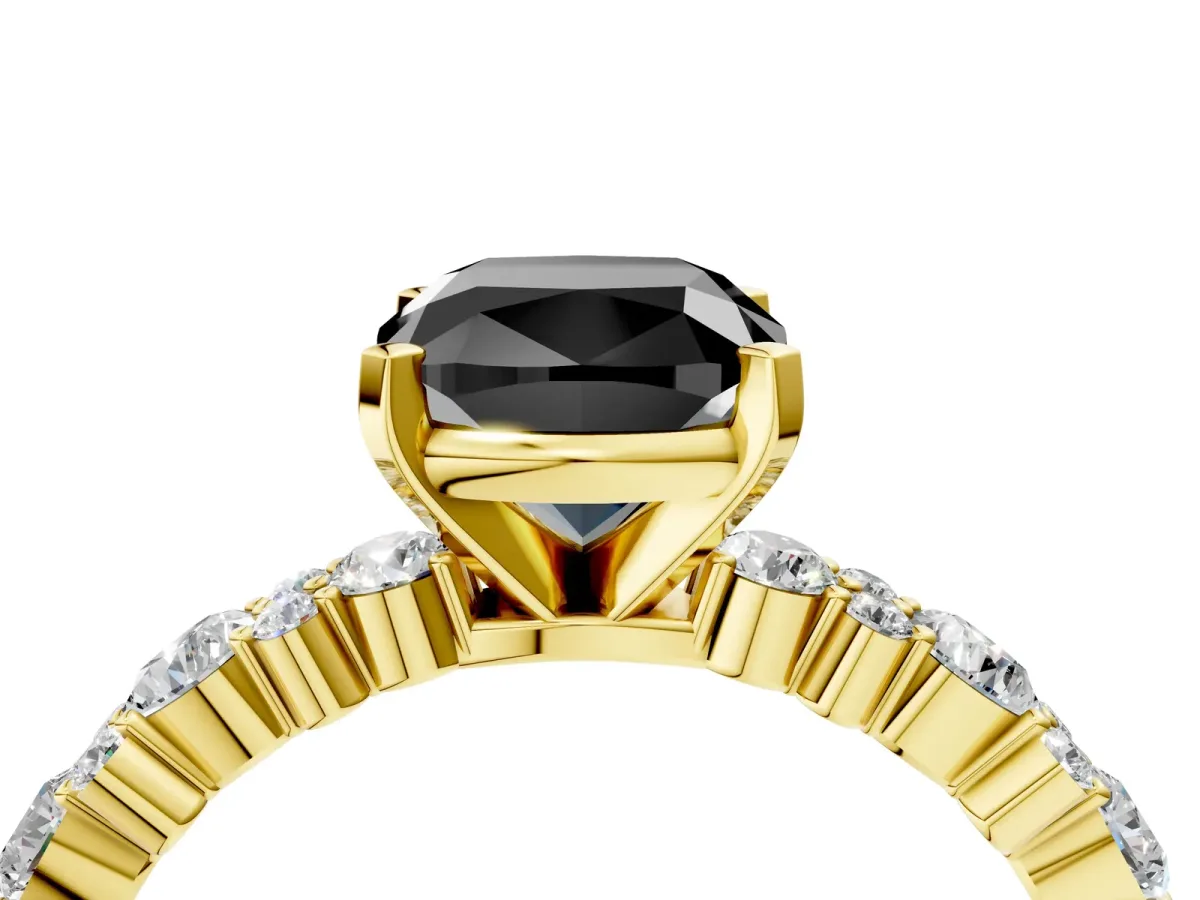 Fancy Black Cushion Cut Diamond Side Stone Solitaire Ring with Round and Four-Prong Setting Yellow gold
