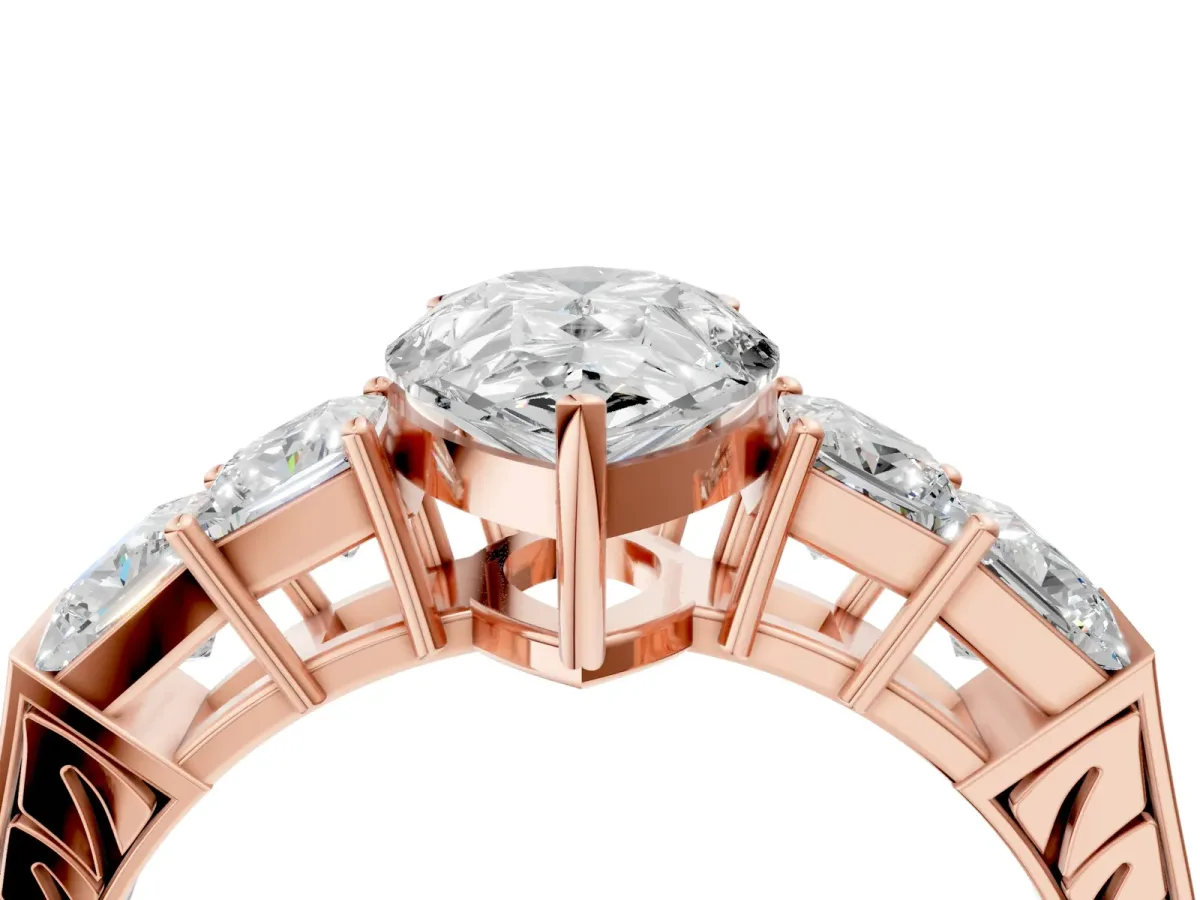 Pear Cut Solitaire Princess Side Stone Engraved Band Prong Setting Ring Rose gold