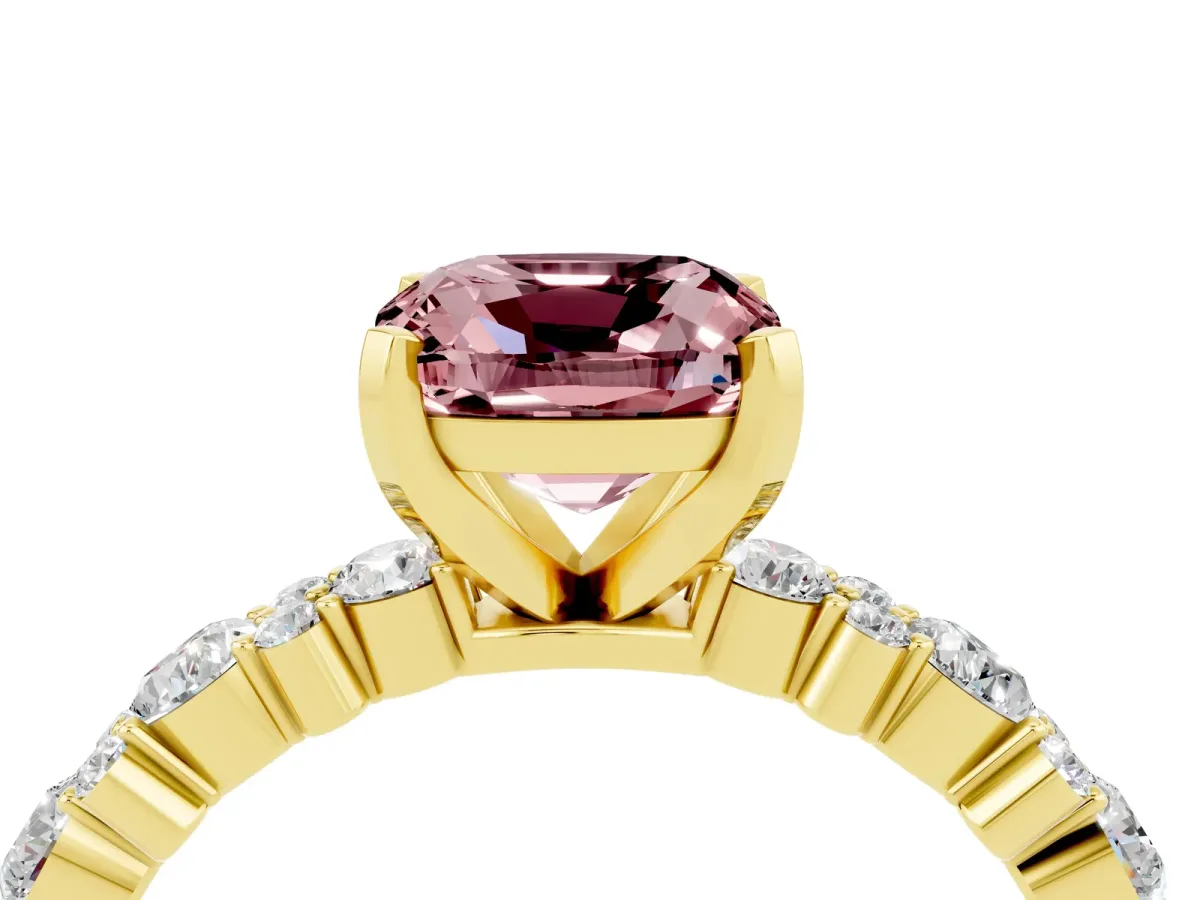 Cushion Cut Morganite Side Stone Solitaire Ring with Round and Four-Prong Setting Yellow gold