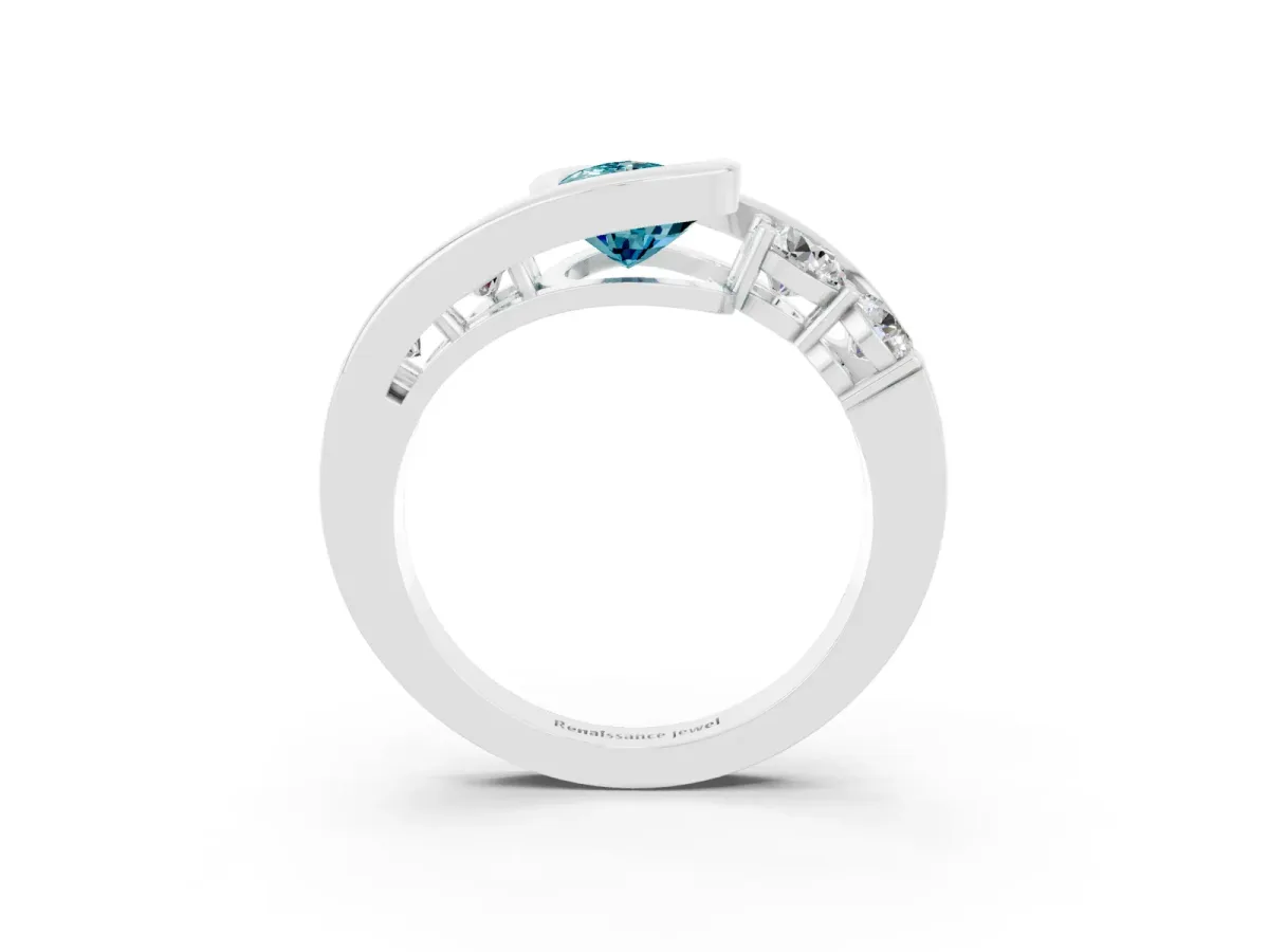 Bezel Set Pear Cut Blue Topaz Bypass Ring with Round Accents Platinum