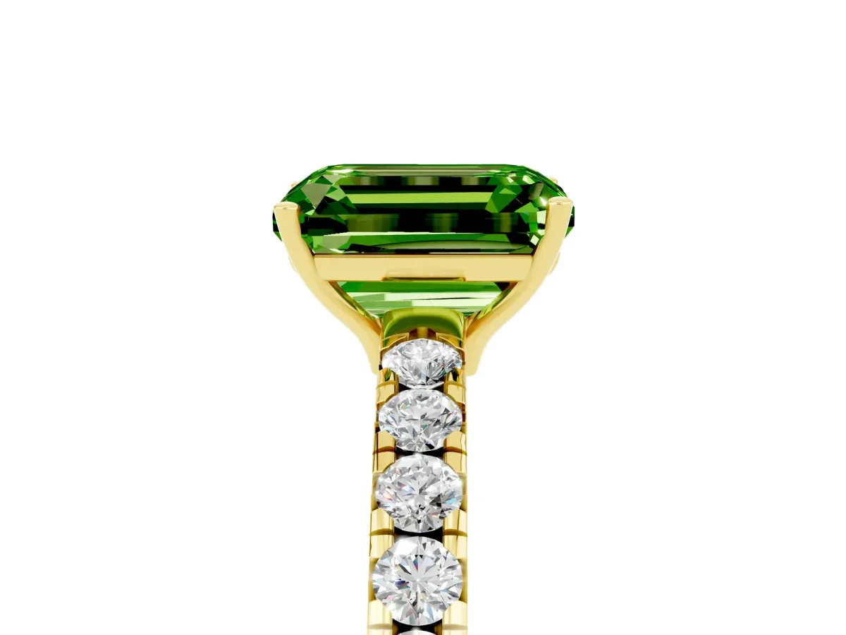 Emerald Cut Peridot Pavé Solitaire Engagement Ring with Four-Prong Setting Yellow gold