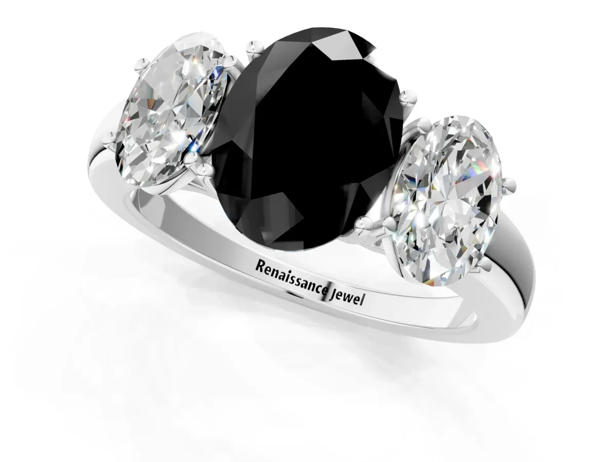 Fancy Black Oval Cut Diamond Three-Stone Ring with Four-Prong Setting and Classic Band White gold