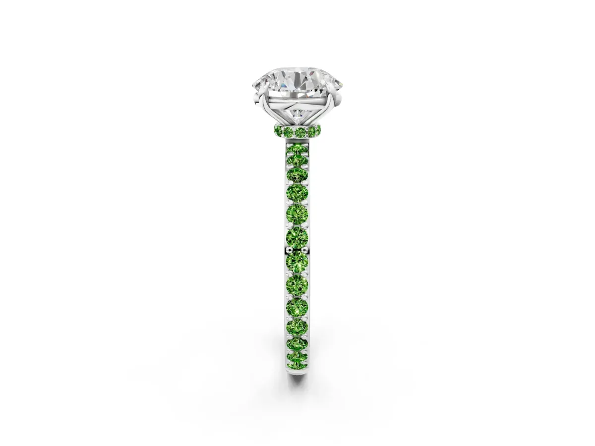 Round Cut Diamond Pavé Engagement Ring with Round Peridot Accents and Prong Setting Silver